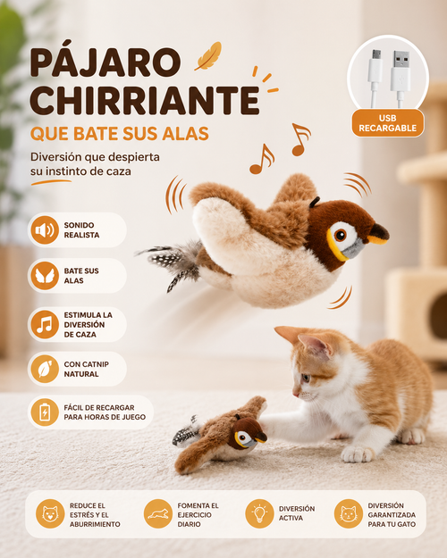 Pájaro Interactivo para Gatos — Se Mueve Solo, Aletea y Canta como uno Real