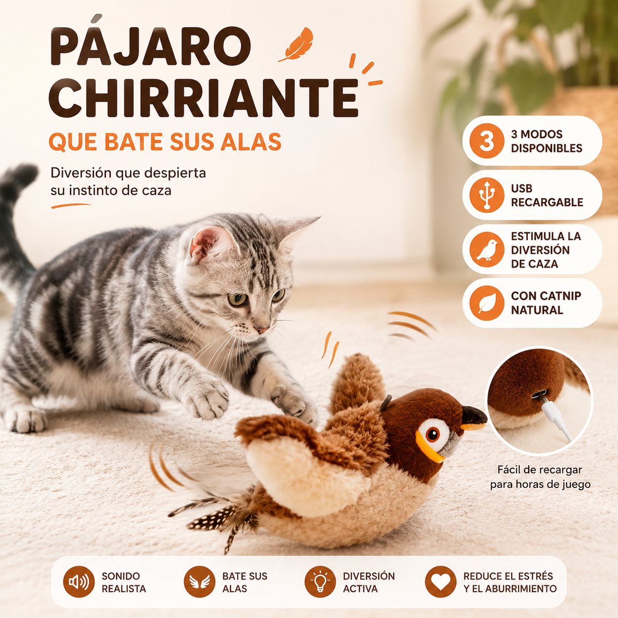 Pájaro Interactivo para Gatos — Se Mueve Solo, Aletea y Canta como uno Real