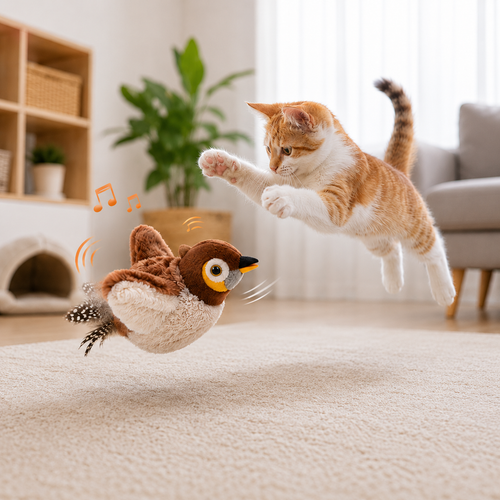 Pájaro Interactivo para Gatos — Se Mueve Solo, Aletea y Canta como uno Real
