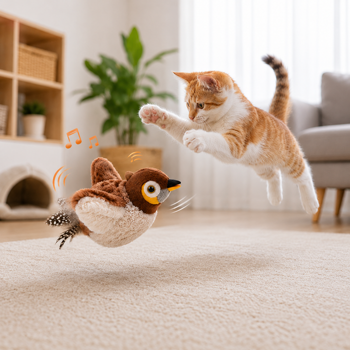 Pájaro Interactivo para Gatos — Se Mueve Solo, Aletea y Canta como uno Real